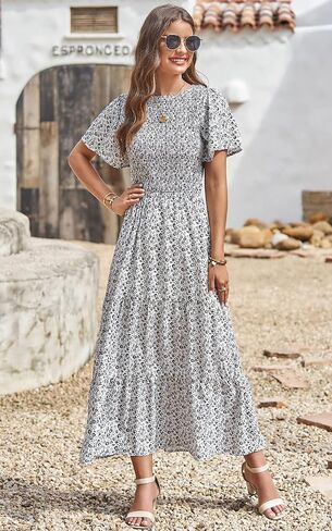 PRETTYGARDEN Women's 2026 Summer Casual Flutter Short Sleeve Boho Floral Maxi Dress Crew Neck Smocked Tiered Long Dresses in Saudi Arabia
