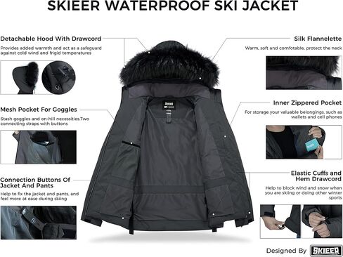 سترة التزلج النسائية المقاومة للماء من Skieer سترة منتفخة دافئة معطف شتوي سميك بغطاء للرأس in Kuwait