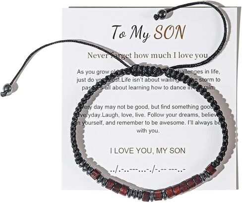 Caiyao To My Son Grandson/Son الهيماتيت الخشب المشجرة الخرزة مورس كود سوار قابل للتعديل مضفر سلسلة معصمه سوار للرجال صبي الرجال فتاة ابنة اليدوية هدية التخرج مجوهرات ملهمة in Kuwait