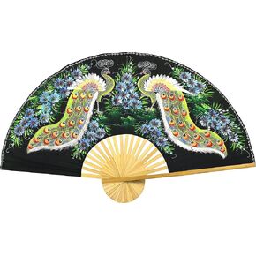 Meeting of the Peacocks Folding Wall Fan Hand-painted Wall Decor Art, Handmade Original Acrylic Painting on a Natural Bamboo Frame for Living Room or Bedroom Decoration (60 inch wide, Black) in Kuwait