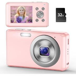 Digital Camera, HD 1080P Compact Camera with 32GB Memory Card, 48 Megapixel Camera, 2.4-inch LCD 16x Digital Zoom Digital Camera for Kids, Girls, Teens, Boys and Beginners（Black