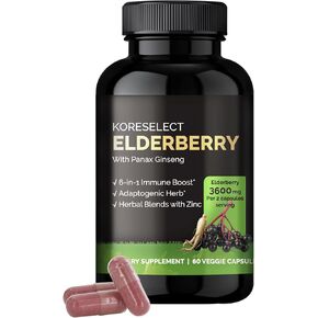 KORESELECT Elderberry Capsules with Panax Ginseng - Immune Support, 6-in1 Herbal Blend with Zinc, Ginger, Echinacea, Reishi Mushrooms - 60 Capsules in Kuwait