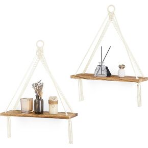 Dahey Macrame رف معلق بوهو جدار ديكور غرفة النوم 2 حزمة رفوف خشبية ريفية عائمة لغرفة الحضانة الحمام غرفة المعيشة كلية النوم تخزين رفوف العرض لتعليق النباتات الصور، أبيض