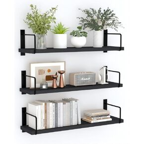 Floating Shelves, 24 Inches Easy to Install Wall Mounted Shelves, Wall Shelves Set of 3, Rustic Wood Shelves for Wall Décor, Storage Shelves for Living Room (Black) in Kuwait