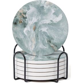 Hoomey Set of 6 Abstract Blue Marble Coasters with Holder, Absorbent Ceramic Coasters for Drinks, Coasters with Cork Backing for Table Protection, Housewarming Gifts for New Home in Kuwait