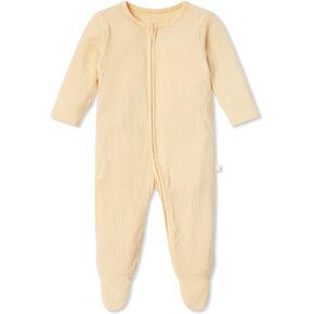 MORI Baby Unisex Ribbed Pajamas with Two Way Zip and Scratch Mitts - Footed Jumpsuit One Piece Sleepwear for Boys and Girls