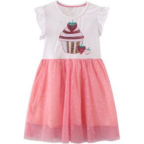 Toddler Girl Summer Tulle Dress Cute Cartoon Pattern Cotton Dress Sequins Stripe Daily Baby Girl Casuals Dress