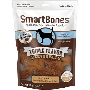 SmartBones Triple Flavor Dumbbells, 10 Count, Rawhide-Free Chews for Dogs, Made with Real Chicken, Beef and Pork