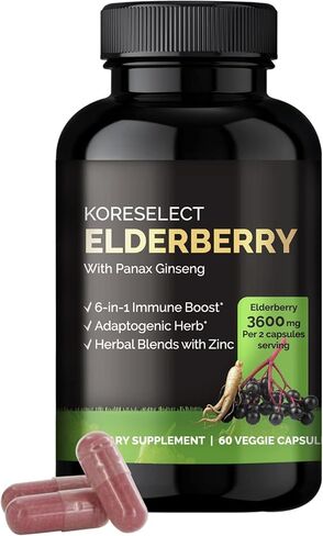 KORESELECT Elderberry Capsules with Panax Ginseng - Immune Support, 6-in1 Herbal Blend with Zinc, Ginger, Echinacea, Reishi Mushrooms - 60 Capsules in Kuwait