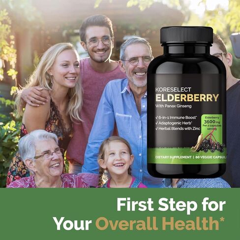 KORESELECT Elderberry Capsules with Panax Ginseng - Immune Support, 6-in1 Herbal Blend with Zinc, Ginger, Echinacea, Reishi Mushrooms - 60 Capsules in Kuwait