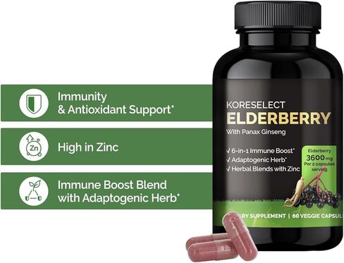 KORESELECT Elderberry Capsules with Panax Ginseng - Immune Support, 6-in1 Herbal Blend with Zinc, Ginger, Echinacea, Reishi Mushrooms - 60 Capsules in Kuwait