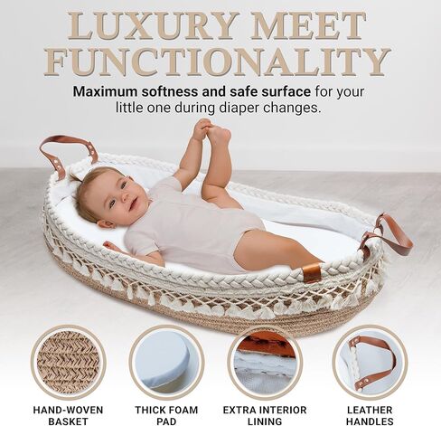 سلة تغيير حفاضات اطفال فاخرة بمقابض جلدية ووسادة اسفنجية مخملية - سلة تغيير لخزانة الاطفال - تعمل بشكل رائع كسلة طاولة تغيير وسلة تغيير حفاضات الطفل - سلة تغيير حفاضات الطفل لخزانة الملابس in Kuwait