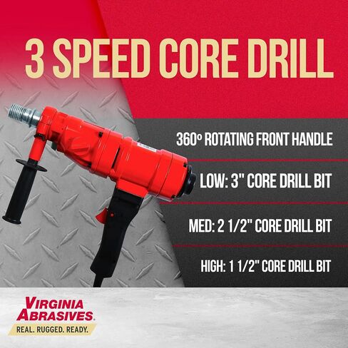 Virginia Abrasives 433-20000 قطعة واحدة مجموعة مثقاب كهربائي أساسي ثلاثي السرعات لحفر الخرسانة - مثقاب أساسي للخرسانة، آلة حفر أساسية للخرسانة الماسية الممتازة للجدار/الطوب/الخرسانة/البناء، مقاومة للماء GFI in Kuwait