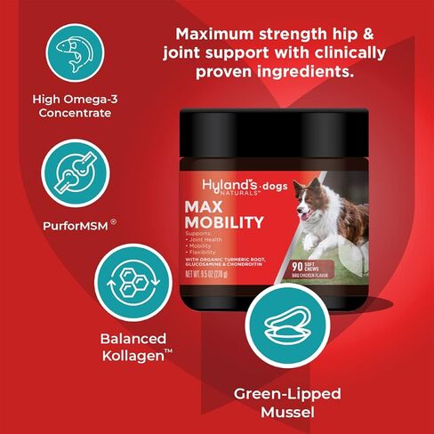 Hyland's Naturals - للكلاب - أقصى قدر من الحركة، 90 مضغًا ناعمًا، يدعم صحة المفاصل وحركتها ومرونتها، مع جذر الكركم العضوي، الجلوكوزامين والكوندرويتين، نكهة الدجاج المشوي in Kuwait