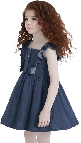 QPANCY Girls Denim Dress Ruffle Sleeve Square Neck Casual Dress in Saudi Arabia