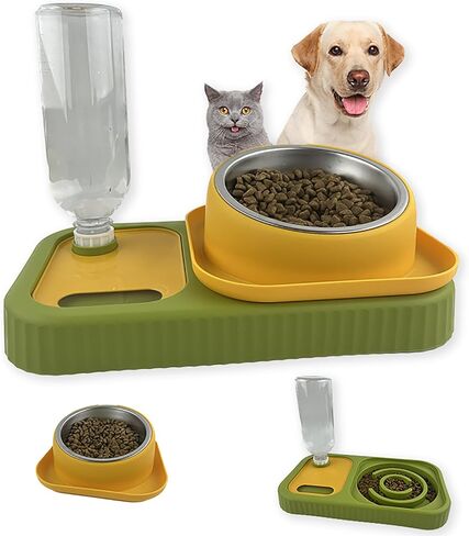 Cat Dog Food and Water Bowl Set, Double Food Bowls with Automatic Gravity Water Bottle, Raised Slow Feeder, Detachable Stainless Steel Bowl, 15°Tilt Elevated No Spill Dispenser (Gray+White) in Kuwait