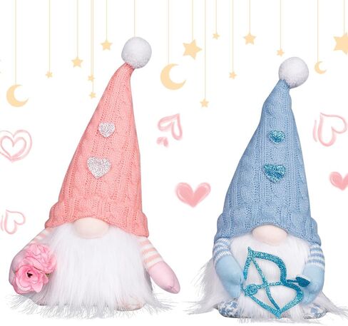 QuanYaaJoy 2pcs عيد الحب التماثيل زهرة كيوبيد الزينة السهم، اليدوية مضاءة زوجين رومانسية أفخم Tomte السويدية لصديقة زوجة المرأة هدية المنزل الوردي الأزرق in Kuwait