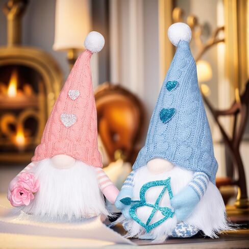 QuanYaaJoy 2pcs عيد الحب التماثيل زهرة كيوبيد الزينة السهم، اليدوية مضاءة زوجين رومانسية أفخم Tomte السويدية لصديقة زوجة المرأة هدية المنزل الوردي الأزرق in Kuwait