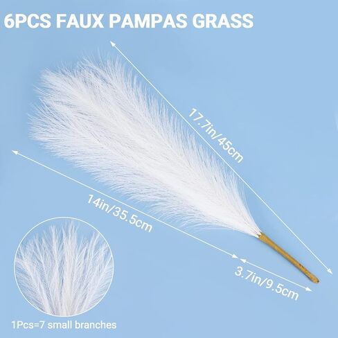 6 قطع من عشب بامباس الصناعي من سوريام، عشب بامباس صغير مجفف مقاس 17 بوصة، زهور طبيعية مجففة اصطناعية لغرفة المعيشة وغرفة النوم والمكتب والمطبخ وديكور الزفاف ومزرعة بوهو، أبيض in Kuwait
