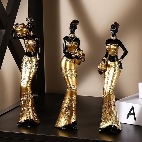 3PACK Vintage African Statue. Hand Sculpture African American Figurines. Exotic Tribal Lady African Art Piece for Home Decor. Figurines Home Decor. Room Decor for Women (Green) in Kuwait