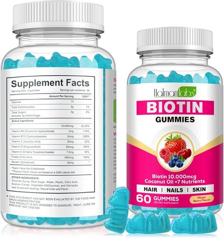 مكمل نمو الشعر البيوتين ONE1X 10,000 ميكروجرام 60 علكة - مكمل قابل للمضغ للبشرة الصحية والشعر والأظافر - فيتامينات الشعر لتساقط الشعر - فيتامينات الشعر الصمغية - نباتي، غير معدّل وراثيًا in Kuwait