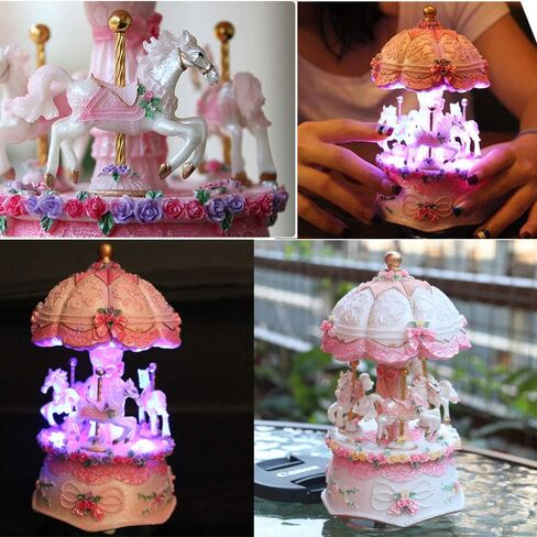 صندوق موسيقى دوار من أكوكو، لون فاخر متغير، ضوء LED، دوار مضيء، 3 أحصنة، صندوق موسيقى دوار لحن يحملك من القلعة في السماء (قلعة في السماء، أرجواني) in Kuwait