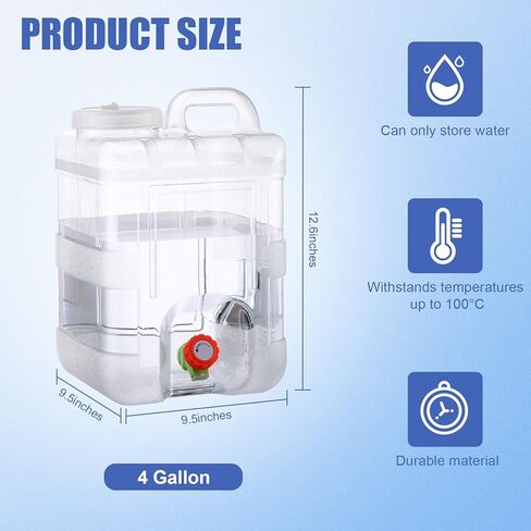 Maxdot 4 عبوات سعة 4 جالون حاوية مياه محمولة مع حنفية سعة 15 لترًا للتخييم حاوية تخزين المياه خزان مياه كبير مع صنبور لتخزين المياه في حالات الطوارئ للتخييم في الهواء الطلق والتنزه سيرًا على الأقدام in Kuwait