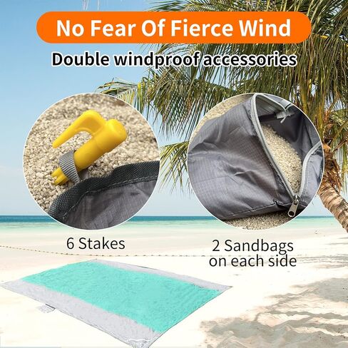 Kiaitre Beach Blanket Waterproof Sandproof, 100% Polyester Large Beach Mat 106''x86'' for Adults 5-8, Sand Free Camping Blanket with 6 Stakes, 1 Carabiner, 1 Compact Storage Bag in Saudi Arabia