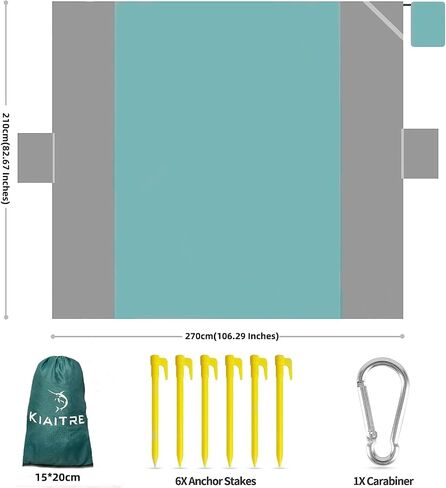 Kiaitre Beach Blanket Waterproof Sandproof, 100% Polyester Large Beach Mat 106''x86'' for Adults 5-8, Sand Free Camping Blanket with 6 Stakes, 1 Carabiner, 1 Compact Storage Bag in Saudi Arabia