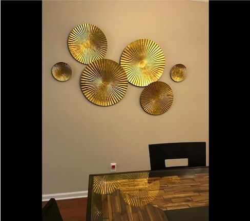 Decorlives Round Sunburst Metal Wall Art | Modern Metal Wall Hanging Décor Sculpture for Living Room Bedroom Home Office (Bright Gold | Set 6-2 Large(24") + 2 Medium(18") + 2 Small(9") Circles) in Saudi Arabia
