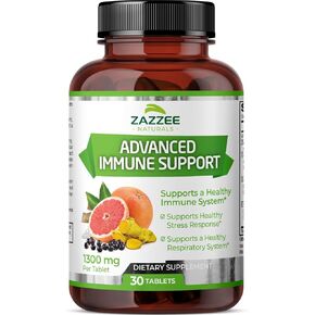 دعم مناعي متطور من زازي، 1300 ملغ لكل قرص، 30 قرص نباتي، تكفي 30 يوما، 1000 ملغ فيتامين سي، 1000 ملغ اشنسا، 1000 ملغ من البلسان، 200 ملغ غولدنسيل، زنك، طبيعي بالكامل وغير معدّل وراثيا in Kuwait