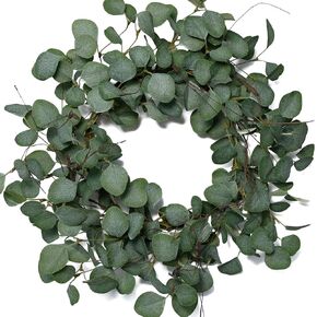 idyllic Eucalyptus Leaves Wreath Metal Polyester Fabric Paper Round Green Wreath 22 Inches for The Front Door Decor in Kuwait