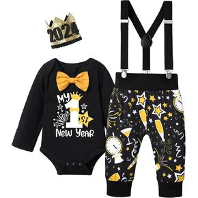 NAPU Baby Boy New Year Outfit 2024 Baby Boy Clothes 6-9 Months Happy New Year Long Sleeve Romper With Bow Tie Suspender Pants Crowns 3Pcs Set in Kuwait