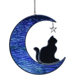 Stained Glass Cat Suncatcher, Cat Memorial Gifts Ornament, Cat on Moon Stained Glass Window Hangings Pet Memorial Gifts for Cat Themed Gifts for Cat Lovers, Cat Remembrance Gifts for Women, Mom in Kuwait