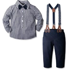 Yilaku Baby Boys Dress Clothes Formal Wedding Outfits Suspender + Bow Tie + Shirt + Pants 4Piece Infant Gentleman Suits in Kuwait