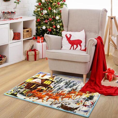 Chicrug Christmas Runner Rug for Bedroom, 2X6 TPR Washable Runner Carpet Rug for Living Room, Non Slip Hallway Floor Rug for Kitchen Room, Reindeer Santa Claus Decoration Runner Rug Holiday Farmhouse in Kuwait