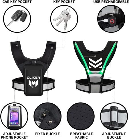 اولكر سترة ركض مع حامل جوال، سترة ركض عاكسة قابلة لاعادة الشحن بمنفذ USB مع اضواء امان خلفية وحزام خصر قابل للتعديل ومقاومة للماء مع حامل جوال على الصدر للرجال والنساء in Kuwait