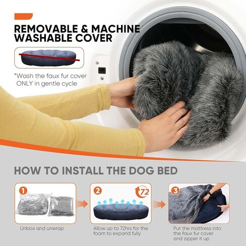 سرير فاخر للكلاب من الفرو الصناعي مصنوع من إسفنج ميموري فوم منفوش للحيوانات الأليفة والقطط مع غطاء قابل للإزالة والغسل (كبير، رمادي) in Kuwait