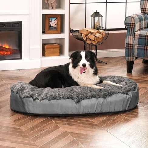سرير فاخر للكلاب من الفرو الصناعي مصنوع من إسفنج ميموري فوم منفوش للحيوانات الأليفة والقطط مع غطاء قابل للإزالة والغسل (كبير، رمادي) in Kuwait