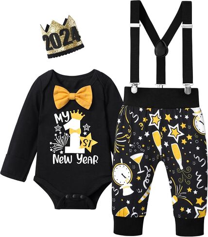 NAPU Baby Boy New Year Outfit 2024 Baby Boy Clothes 6-9 Months Happy New Year Long Sleeve Romper With Bow Tie Suspender Pants Crowns 3Pcs Set in Kuwait
