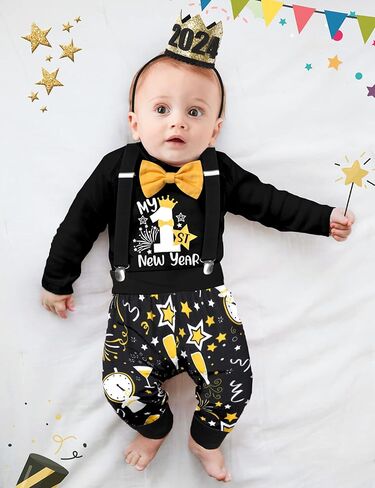 NAPU Baby Boy New Year Outfit 2024 Baby Boy Clothes 6-9 Months Happy New Year Long Sleeve Romper With Bow Tie Suspender Pants Crowns 3Pcs Set in Kuwait