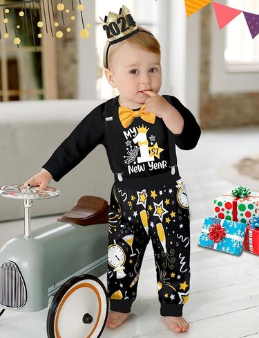 NAPU Baby Boy New Year Outfit 2024 Baby Boy Clothes 6-9 Months Happy New Year Long Sleeve Romper With Bow Tie Suspender Pants Crowns 3Pcs Set in Kuwait