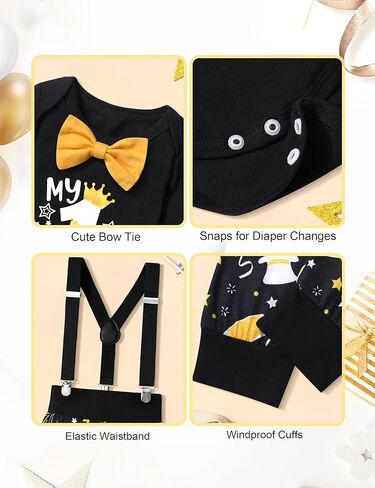 NAPU Baby Boy New Year Outfit 2024 Baby Boy Clothes 6-9 Months Happy New Year Long Sleeve Romper With Bow Tie Suspender Pants Crowns 3Pcs Set in Kuwait
