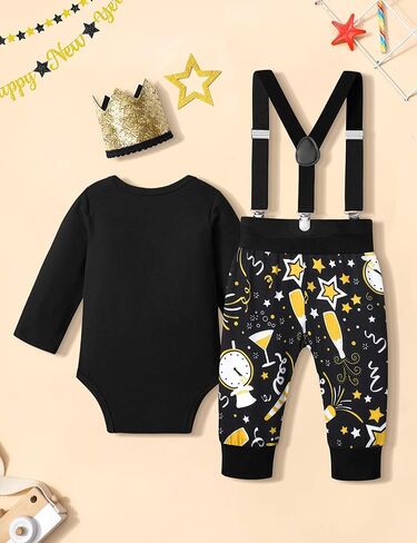 NAPU Baby Boy New Year Outfit 2024 Baby Boy Clothes 6-9 Months Happy New Year Long Sleeve Romper With Bow Tie Suspender Pants Crowns 3Pcs Set in Kuwait