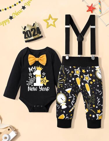 NAPU Baby Boy New Year Outfit 2024 Baby Boy Clothes 6-9 Months Happy New Year Long Sleeve Romper With Bow Tie Suspender Pants Crowns 3Pcs Set in Kuwait