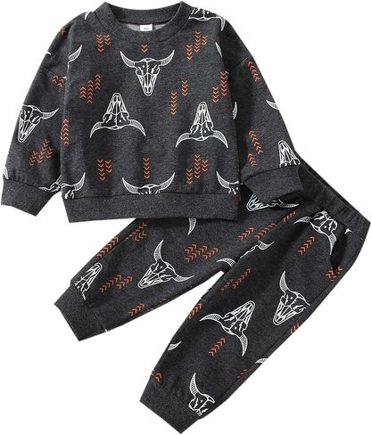 Kaipiclos بيبي بوي ملابس البقرة طباعة طويلة الأكمام Crewneck البلوز أعلى طويل بنطال رياضي خريف شتاء قبعات رعاة البقر الغربية الزي in Kuwait
