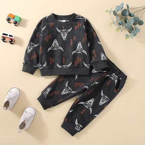 Kaipiclos بيبي بوي ملابس البقرة طباعة طويلة الأكمام Crewneck البلوز أعلى طويل بنطال رياضي خريف شتاء قبعات رعاة البقر الغربية الزي in Kuwait