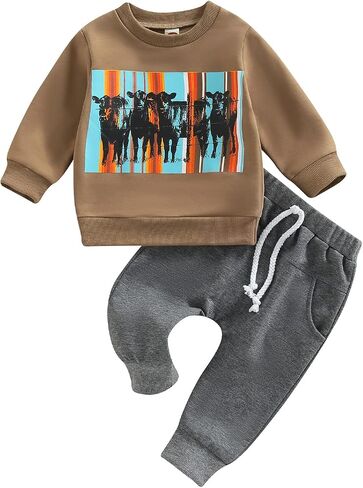 Kaipiclos بيبي بوي ملابس البقرة طباعة طويلة الأكمام Crewneck البلوز أعلى طويل بنطال رياضي خريف شتاء قبعات رعاة البقر الغربية الزي in Kuwait