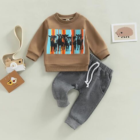 Kaipiclos بيبي بوي ملابس البقرة طباعة طويلة الأكمام Crewneck البلوز أعلى طويل بنطال رياضي خريف شتاء قبعات رعاة البقر الغربية الزي in Kuwait