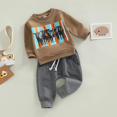 Kaipiclos بيبي بوي ملابس البقرة طباعة طويلة الأكمام Crewneck البلوز أعلى طويل بنطال رياضي خريف شتاء قبعات رعاة البقر الغربية الزي in Kuwait